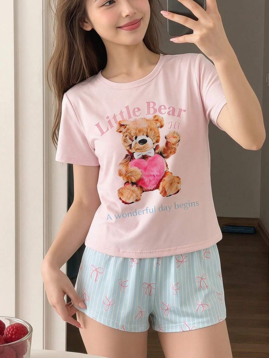 SHEIN 女童可爱考拉印花短袖短裤睡衣套装 - 彩色 - 查看 1