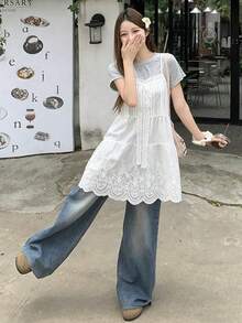 FRIFUL Women's Contrast Lace Bow Decor Casual Camisole Summer - White - View 3