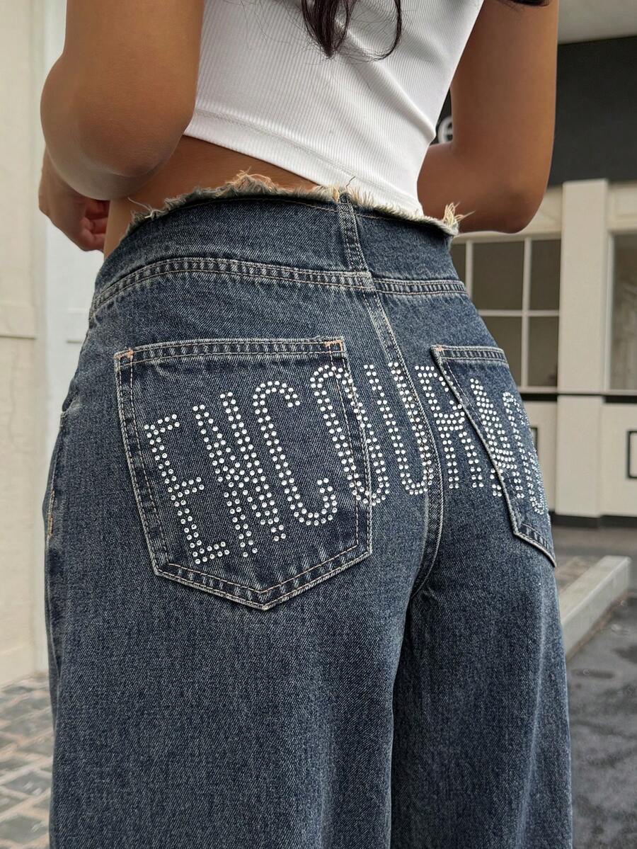 DAZY Women's Loose Straight Leg Distressed Letter Rhinestone Embellished Casual Jeans - Dark Wash - View 1