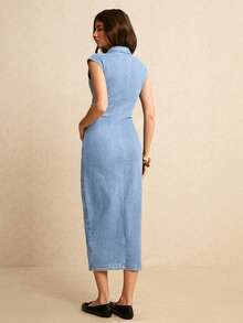 Poéselle Women's Solid Color Minimalist Casual Short Sleeve Denim Dress - Light Wash - View 3