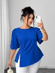 SHEIN Elenzya Áo kiểu nữ cỡ lớn, tay ngắn, màu xanh dương, chất liệu dệt kim, trang trí đính cườm, ôm dáng. - Xanh đậm - Xem 1