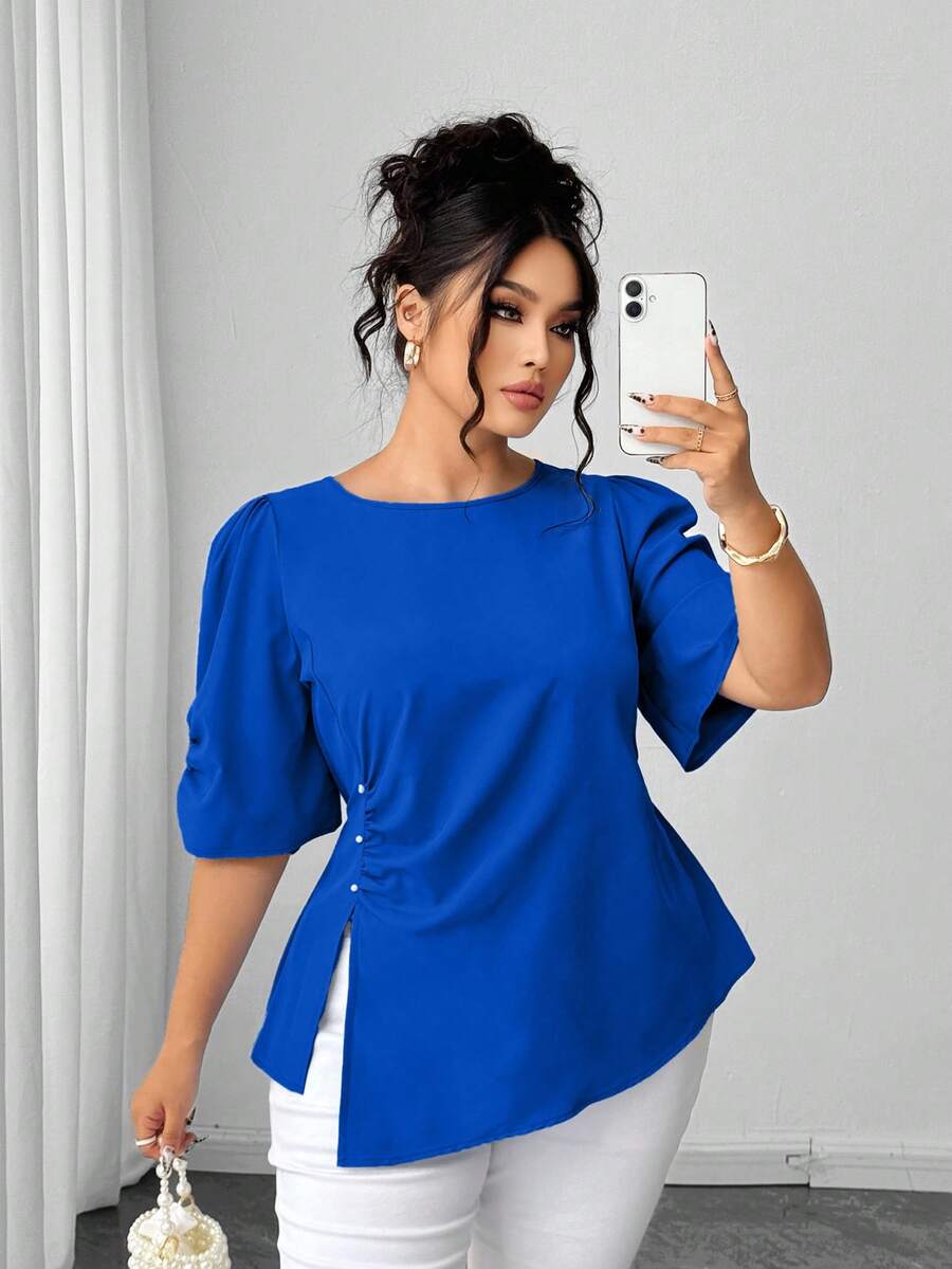 SHEIN Elenzya Áo kiểu nữ cỡ lớn, tay ngắn, màu xanh dương, chất liệu dệt kim, trang trí đính cườm, ôm dáng. - Xanh đậm - Xem 1