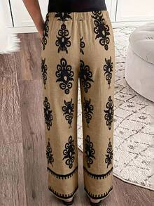 EMERY ROSE Pantalones rectos con estampado geométrico simple y ribete de encaje para mujer, adecuados para vacaciones a principios de primavera - Mostaza Amarilla - Ver 2