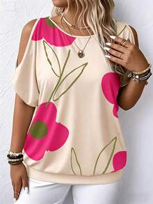 Breezaya Camiseta de manga corta con hombros abiertos y estampado de plantas para tallas grandes, ideal para ocasiones casuales - Camisetas gráficas para mujeres - Multicolor - Ver 4