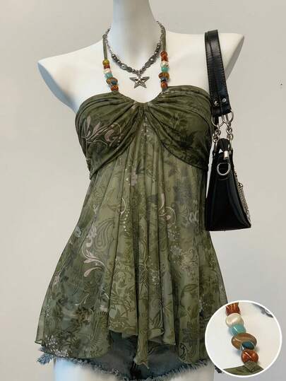 Attitoon Áo ngủ babydoll buộc dây sau lưng, in họa tiết cây cỏ và đính hạt.