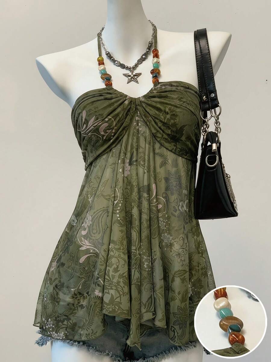 Attitoon Top de muñeca con tirantes halter y lazos con estampado de plantas y cuentas - Verde - Ver 1