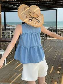 DAZY Women's Summer Round Neck Sleeveless Lace Patchwork Tie-Up Casual Cropped Denim Pullover Top - Medium Wash - View 5