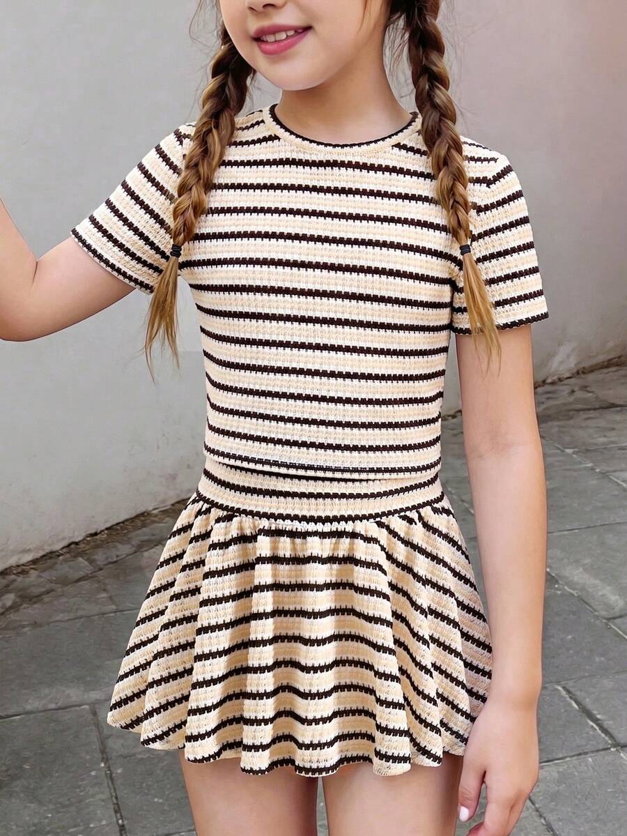 SHEIN Tween Girl Knit Striped Crew Neck Casual T-Shirt And Skirt 2-Piece Set - Multicolor - View 1