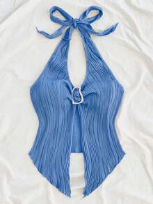 SHEIN Tall CURVE Blusa sin mangas de verano de unicolor con cuello halter, de moda y casual, talla grande - Azul - Ver 4