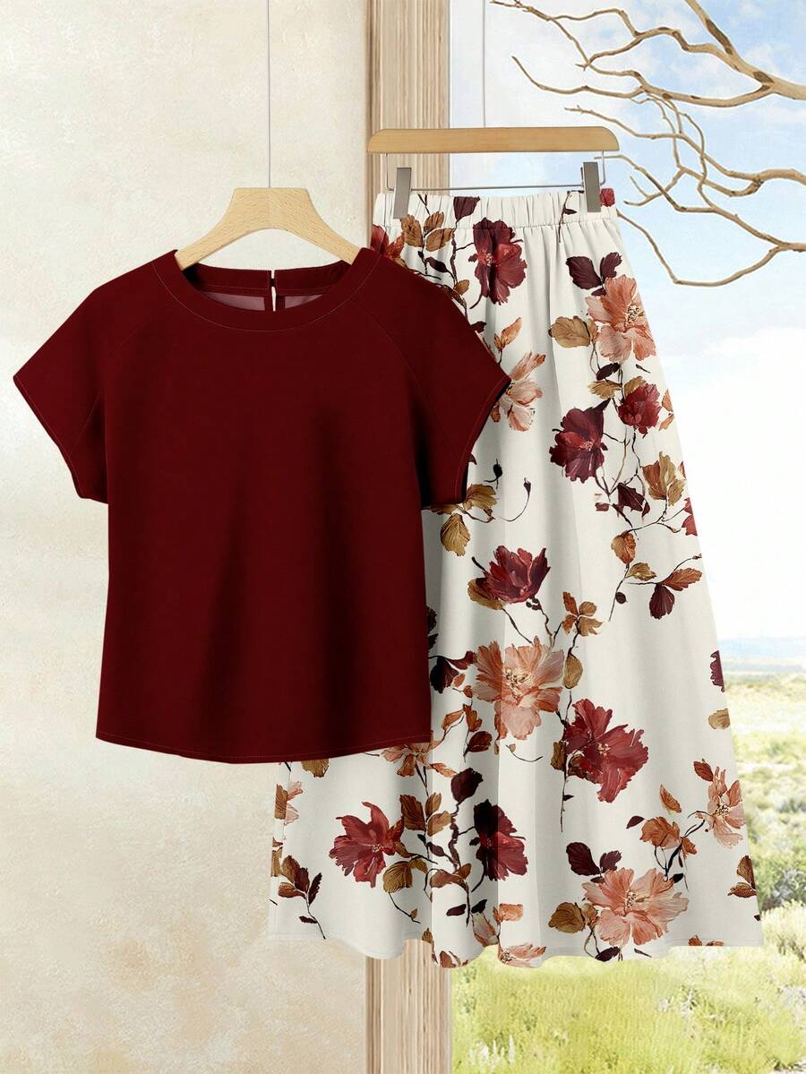 EMERY ROSE Bộ 2 món áo trơn màu + chân váy in họa tiết dành cho nữ, thích hợp mặc đi nghỉ mát, bộ đồ hè cho nữ, bộ chân váy hè, bộ áo và chân váy, bộ chân váy in họa tiết. - Nhiều màu - Xem 1