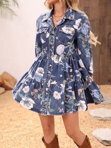 EMERY ROSE Plus Size Women Retro Digital Wash Denim Dress, Autumn/Winter - Medium Wash - View 6