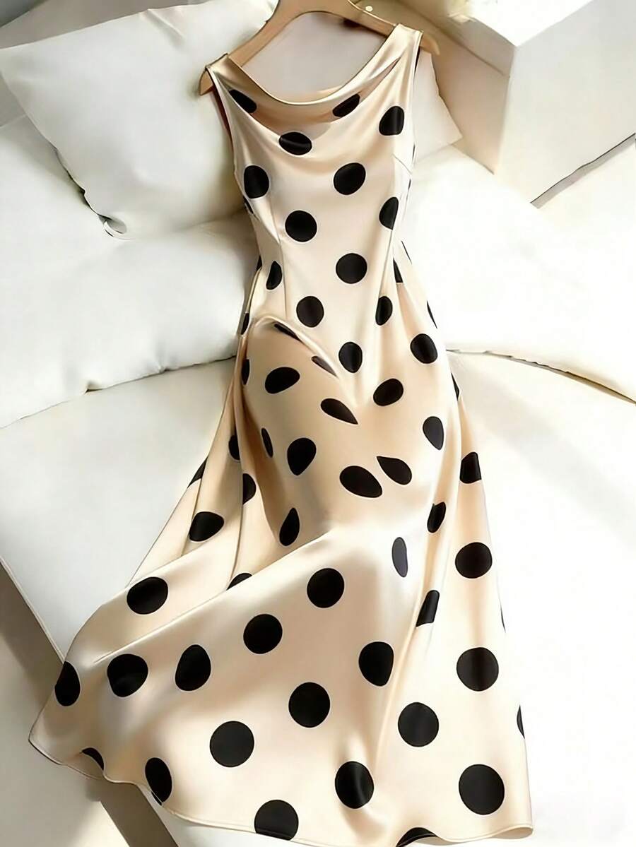 SHEIN Franclia 女士极简波点吊带连衣裙，仿丝绸波点连衣裙，米色和黑色可选 - 香檳色 - 查看 1