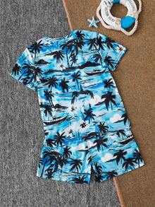 SHEIN 两件套男童海浪、小船、棕榈树印花柔软针织短袖圆领T恤和短裤套装，适合夏季休闲和度假穿着。 - 彩色 - 查看 2