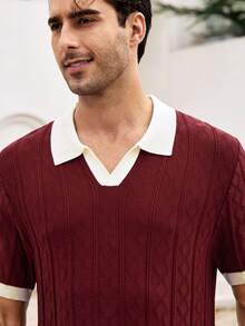 Mercer Haus Men's Contrast Color Short Sleeve Knitted Cable Textured Polo Shirt - Red Violet - View 7
