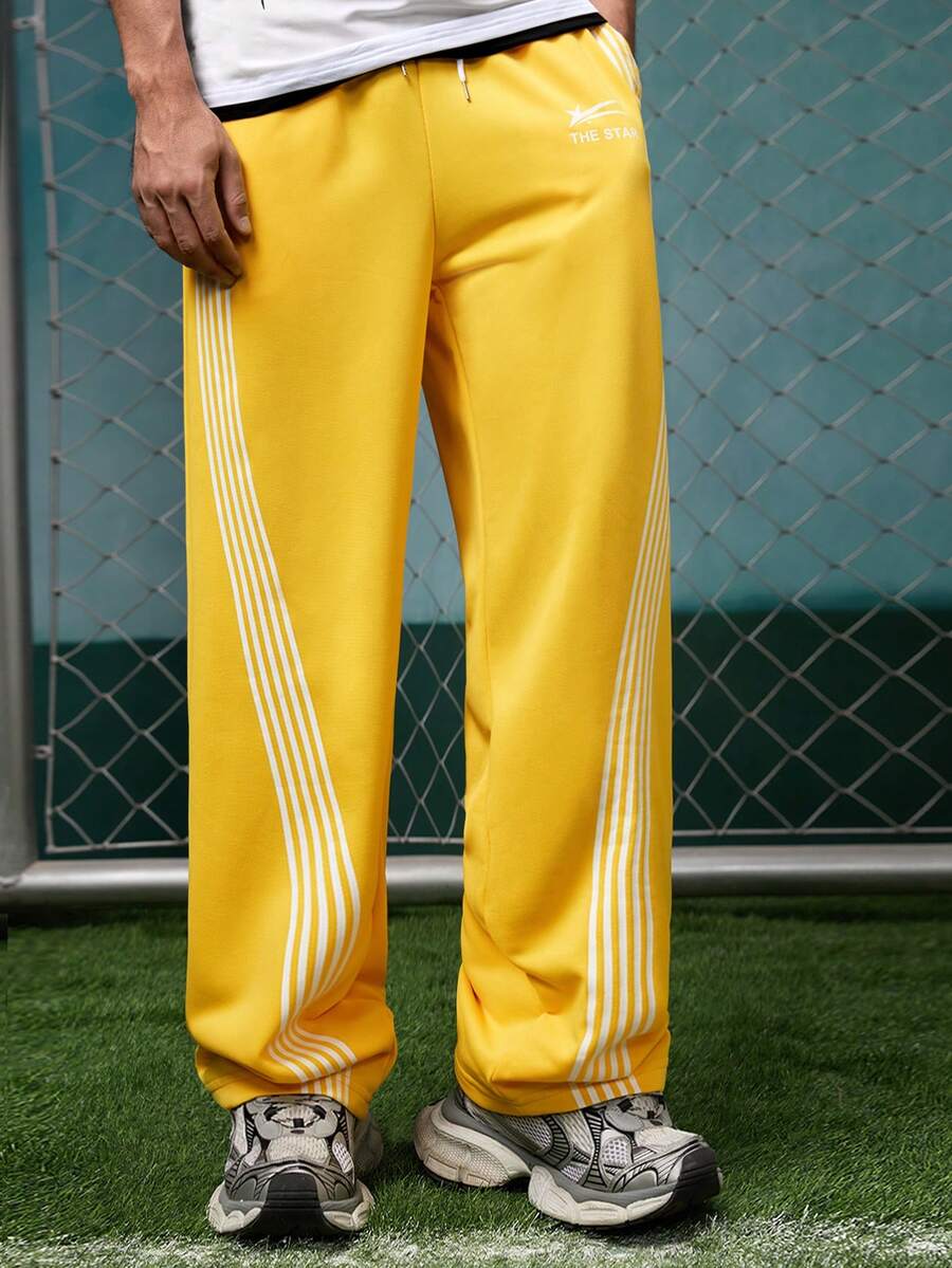 EVRINFINITE Pantalones largos casuales con cordón, estampado de rayas y parches con letras para hombre, para rave - Amarillo - Ver 1