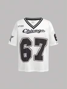 Girlism Tricou Tween pentru fete, negru, alb, stil american, cu slogan digital, casual, cu dungi, decolteu în V, umăr gol, tricou lejer și tricou cu grafică numerică, asortat cu pantaloni cargo cool cu picior drept și buzunar, set din 2 piese, ținută la modă pentru primăvară, vară, toamnă, set ținută de vacanță de vară - Alb-negru - Vizualizare 6