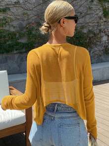 Cárdigan casual de manga larga y corto de unicolor, ligero para el verano - Amarillo - Ver 2