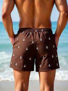 Palasendo Pantalones cortos de playa de 2 en 1 con estampado completo de ancla y cintura con cordón, estilo de vacaciones de playa para hombres - Café integral - Ver 2