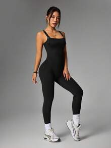 SHEIN HypeZone 女士休闲简约纹理面料修身连体裤，春夏款 - 黑色 - 查看 5