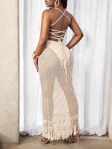 BamGleam Vintage Sexy Women's Light Beige Knitted Fabric Halter Neck Sleeveless Bodycon Midi Fringe Dress Beach Vacation Summer - Apricot - View 2