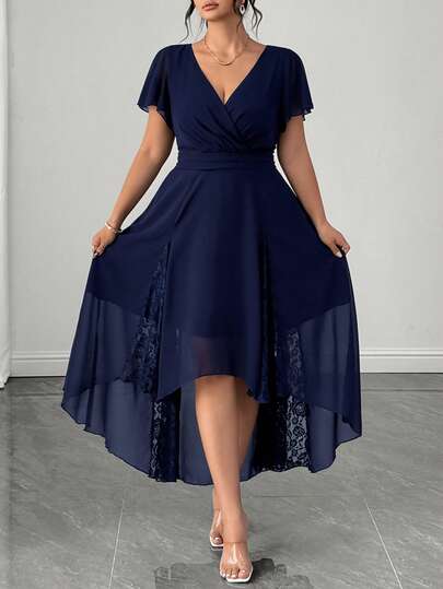 blue dress for baby girl Plus Size Summer Dress Crew Neck Ruffle with Pockets-Navy, XL