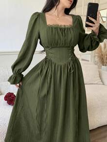 Feyla Women's Solid Color Minimalist Long Sleeve Dress, Casual Everyday Wear - Army Green - View 3