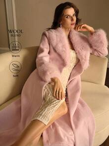 MOTF PREMIUM WOMEN'S WOOL PINK CONTRAST FUZZY TRIM LONG COAT - Pink - View 2