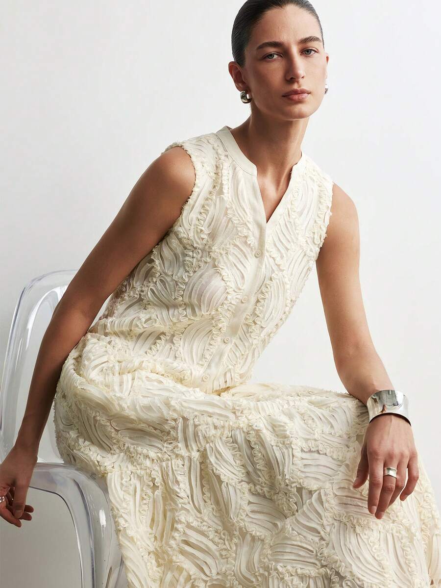 Aalyst Vestido de estilo francés elegante y minimalista para mujer, de nueva llegada para primavera/verano. Vestido largo de línea A con cuello en V sin mangas, de tela jacquard color albaricoque, para uso diario, ir al trabajo y reuniones