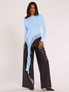 SHEIN BAE Women's Solid Color Minimalist Ruffle Hem Long Sleeve Top, Casual Everyday Wear,Summer Top - Baby Blue - View 5