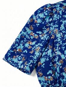 Ellevyn Round Neck Cinched Waist Sundress, Romantic Vacation Dress - Blue - View 5
