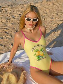 SHEIN Swim Vcay 2026 New Spring/Summer Women One-Piece Lemon Print Spaghetti Strap Backless Beach Vacation Casual Swimsuit - Multicolor - View 5