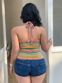 SHEIN SunnyBelle Áo camo nữ cỡ lớn, thanh lịch, tối giản, họa tiết cầu vồng, màu sắc cầu vồng, phong cách Y2K, thích hợp cho mùa hè, đi nghỉ mát. - Nhiều màu - Xem 2