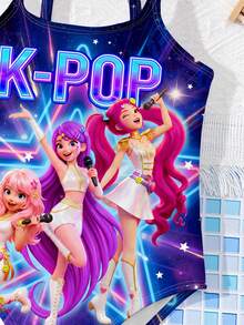 SHEIN 少女休闲简约卡通女孩肖像泳衣，色彩鲜艳清爽，K-Pop 超级明星图案，连体泳衣，适合夏季穿着 - 彩色 - 查看 5