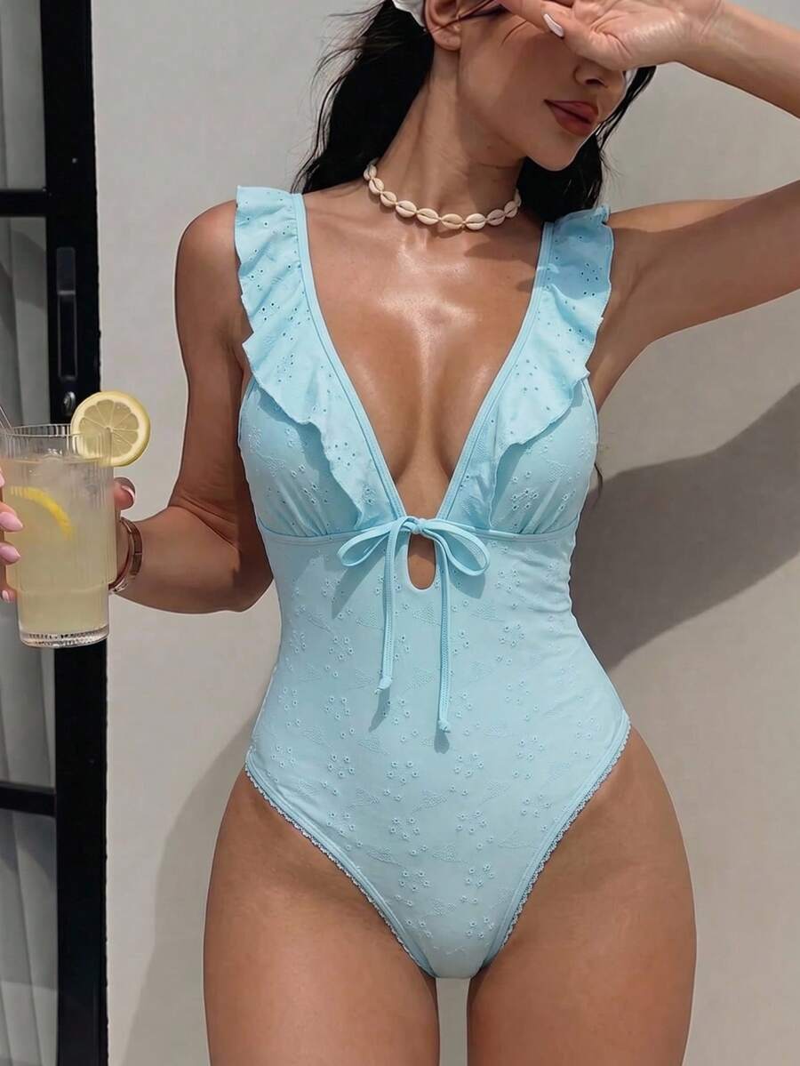Swim Mod Women's Hollow Out Ruffle Tie Front One-Piece Swimsuit,Baby Blue Solid Color Cute Bikini Bathing Suits,Summer Beach Outfit For Holiday - Blue - View 1