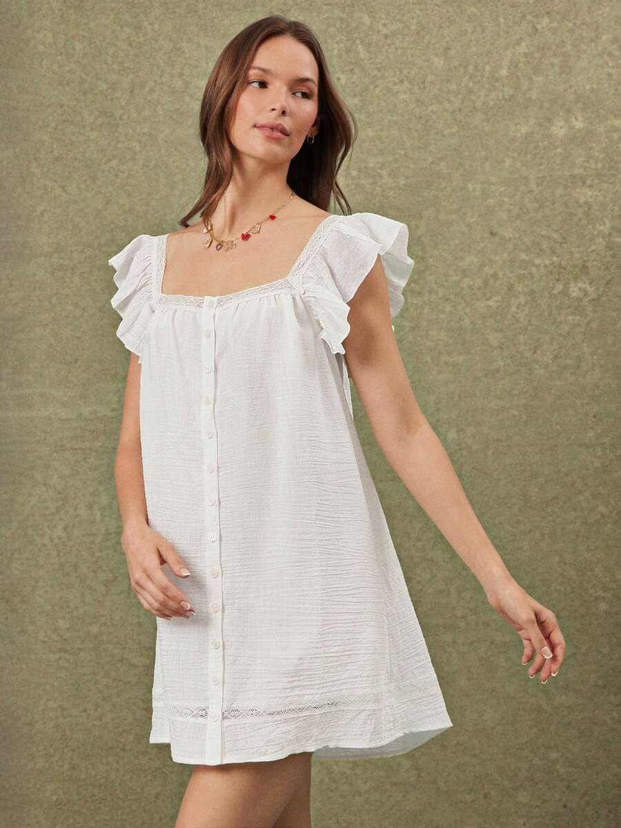 WESTFADE Vestido mini de muñeca con cuello cuadrado, botones delanteros y volantes - Blanco - Ver 1