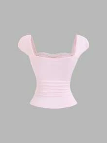 SHEIN SunnyBelle Women's Contrast Lace Ruffle Fitted Fashion T-Shirt - Pink - View 2