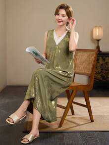 DAZY Women's Lace Patchwork Casual Nightgown For Daily Wear Summer Pajamas - Olive Green - View 5