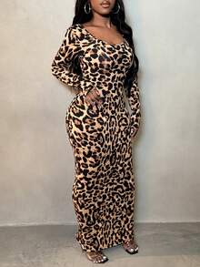 SHEIN SXY Prom Dress;Leopard Print Bodycon Long Dress For Spring & Summer Holiday Elegant Date Night Party Sexy BOHO Animal Print Leopard Print - Coffee Brown - View 8