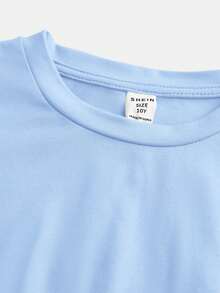 SHEIN Girlism Tween Girls' Fitted Casual Round Neck Short Sleeve T-Shirt With Side Ruching And Hair Scrunchie - Blue - View 4