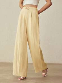 MOTF PREMIUM LINEN MINIMALIST ELEGANT DECORATIVE BUTTON STRAIGHT LEG WIDE LEG PANTS, SPRING/SUMMER - Yellow - View 2