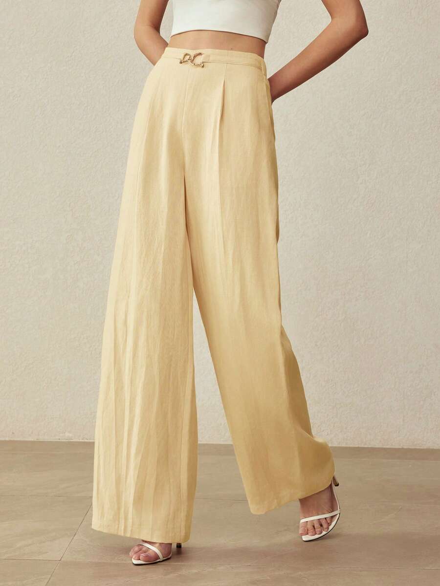 MOTF PREMIUM LINEN MINIMALIST ELEGANT DECORATIVE BUTTON STRAIGHT LEG WIDE LEG PANTS, SPRING/SUMMER - Yellow - View 2