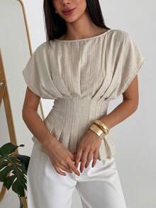 Aloruh Áo thun nữ tay ngắn cổ tròn kẻ sọc, kiểu dáng thanh lịch, thích hợp cho công sở. - Màu Khaki - Xem 4