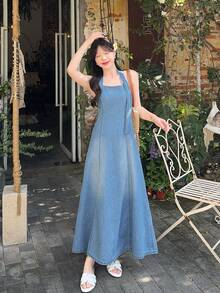 DAZY 女士夏季吊带系带露背收腰长款休闲牛仔连衣裙/太阳裙 - 中等水洗藍 - 查看 7