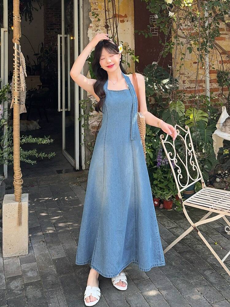 Women's Summer Halter Tie-Up Backless Waist-Cinched Long Casual Denim Dress