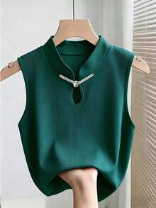 SHEIN Franclia Women's Fashionable Elegant Sleeveless Chinese-Style Pearl Button Solid Color Knit Vest - Dark Green - View 1