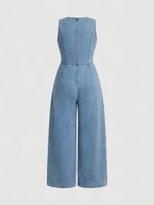 SHEIN MOD Plus Size Women's Casual Sleeveless Wide Leg Denim Jumpsuit, Suitable For Spring/Summer Daily Wear & Commuting - Blue - View 2