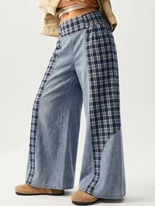 SHEIN BohoFeels New Women's High-Waisted Patchwork Plaid Wide-Leg Casual Jeans In Blue Summer Outfit For Women Winter Clothes Festival Outfits For Women Mothers Day Outfit Beach Outfits Y2k Work Outfits For Women - Multicolor - View 1