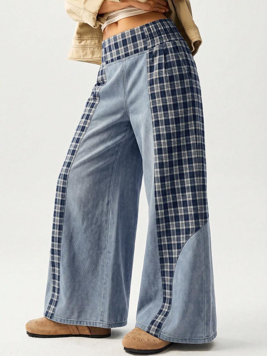 SHEIN BohoFeels New Women's High-Waisted Patchwork Plaid Wide-Leg Casual Jeans In Blue Summer Outfit For Women Winter Clothes Festival Outfits For Women Mothers Day Outfit Beach Outfits Y2k Work Outfits For Women - Multicolor - View 1