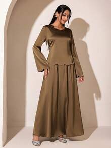 Women's Shell Trim Long Sleeve Top And Skirt Arabic Style Set - Brown - View 3