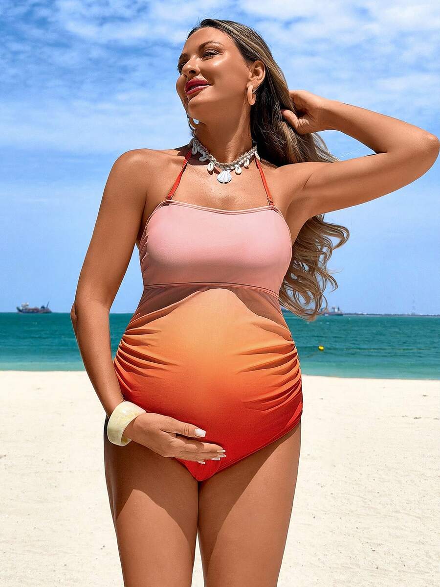SHEIN Áo tắm liền thân cho bà bầu kiểu ombre cổ buộc dây nhún bèo, thích hợp cho kỳ nghỉ biển, tiệc bể bơi, tiệc bãi biển. - Nhiều màu - Xem 1